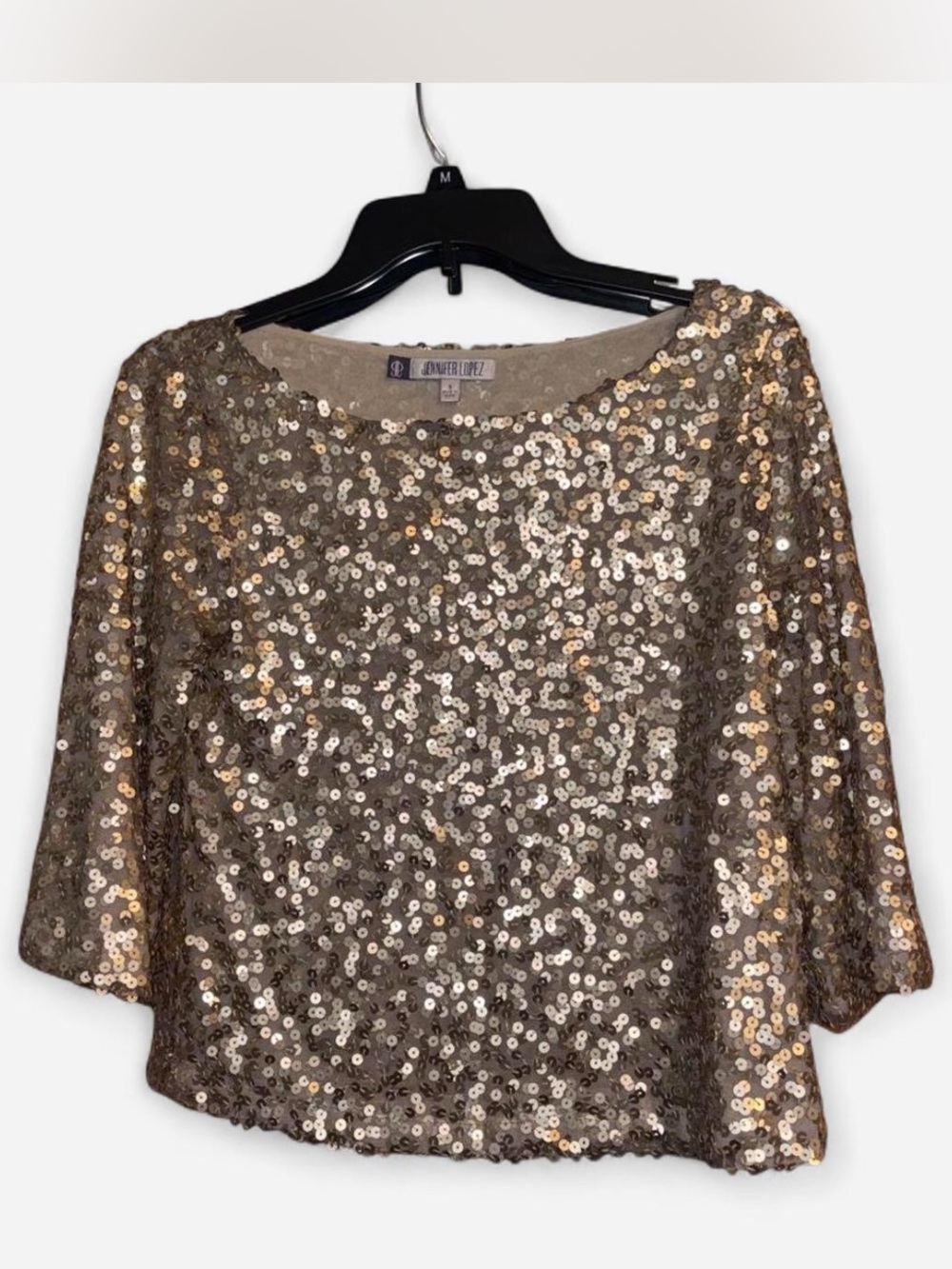 Jennifer Lopez Gold Sequin Boatneck Top